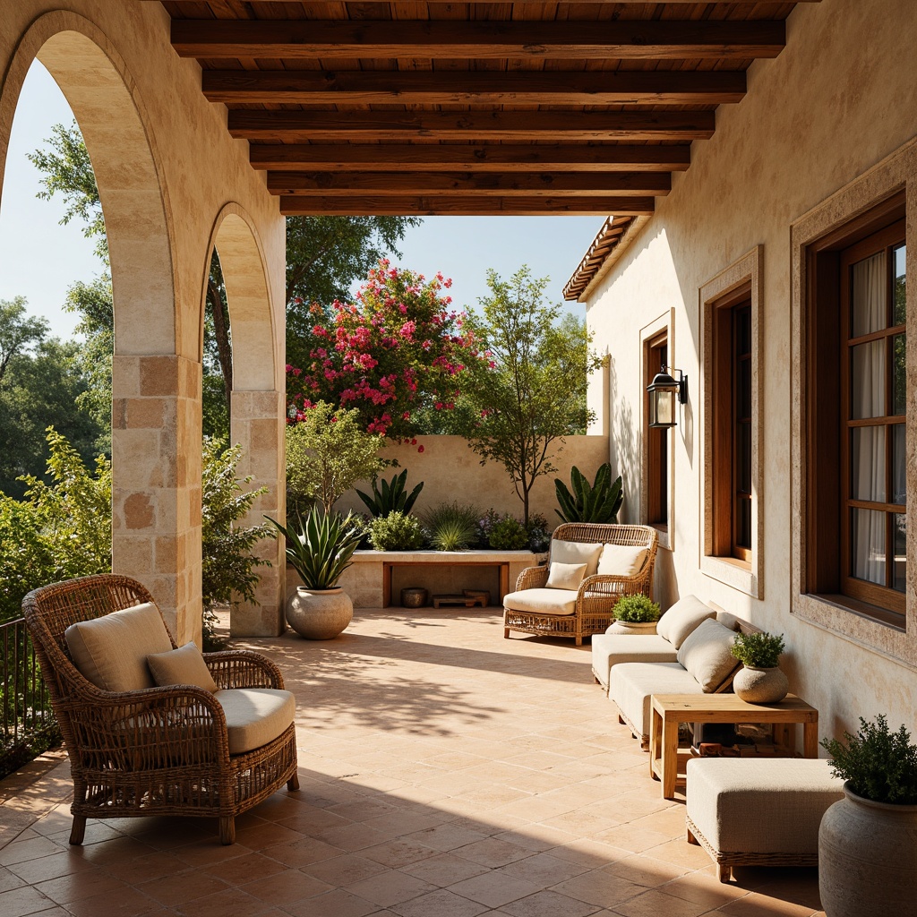 Prompt: Warm Mediterranean villa, rustic stone walls, turquoise accents, earthy terracotta flooring, creamy white archways, ornate wooden doors, vibrant bougainvillea flowers, lush greenery, warm sunny day, soft golden lighting, shallow depth of field, 3/4 composition, realistic textures, ambient occlusion, natural linen fabrics, woven rattan furniture, distressed wood accents, ceramic tile mosaics, rustic metal lanterns.