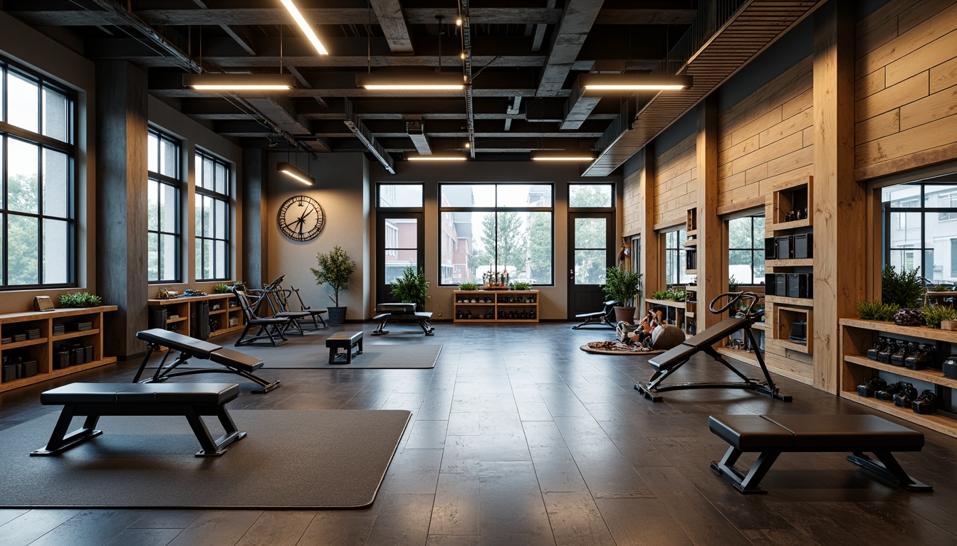 Prompt: Modern home gym, sleek metal equipment, rubber flooring, mirrored walls, high ceilings, natural wood accents, adjustable lighting systems, wall-mounted storage units, stackable plastic bins, labeled shelves, ergonomic benches, exercise mats, dumbbells, kettlebells, resistance bands, jump ropes, medicine balls, floor-to-ceiling windows, urban loft-style architecture, industrial-chic decor, soft warm lighting, shallow depth of field, 3/4 composition, realistic textures.