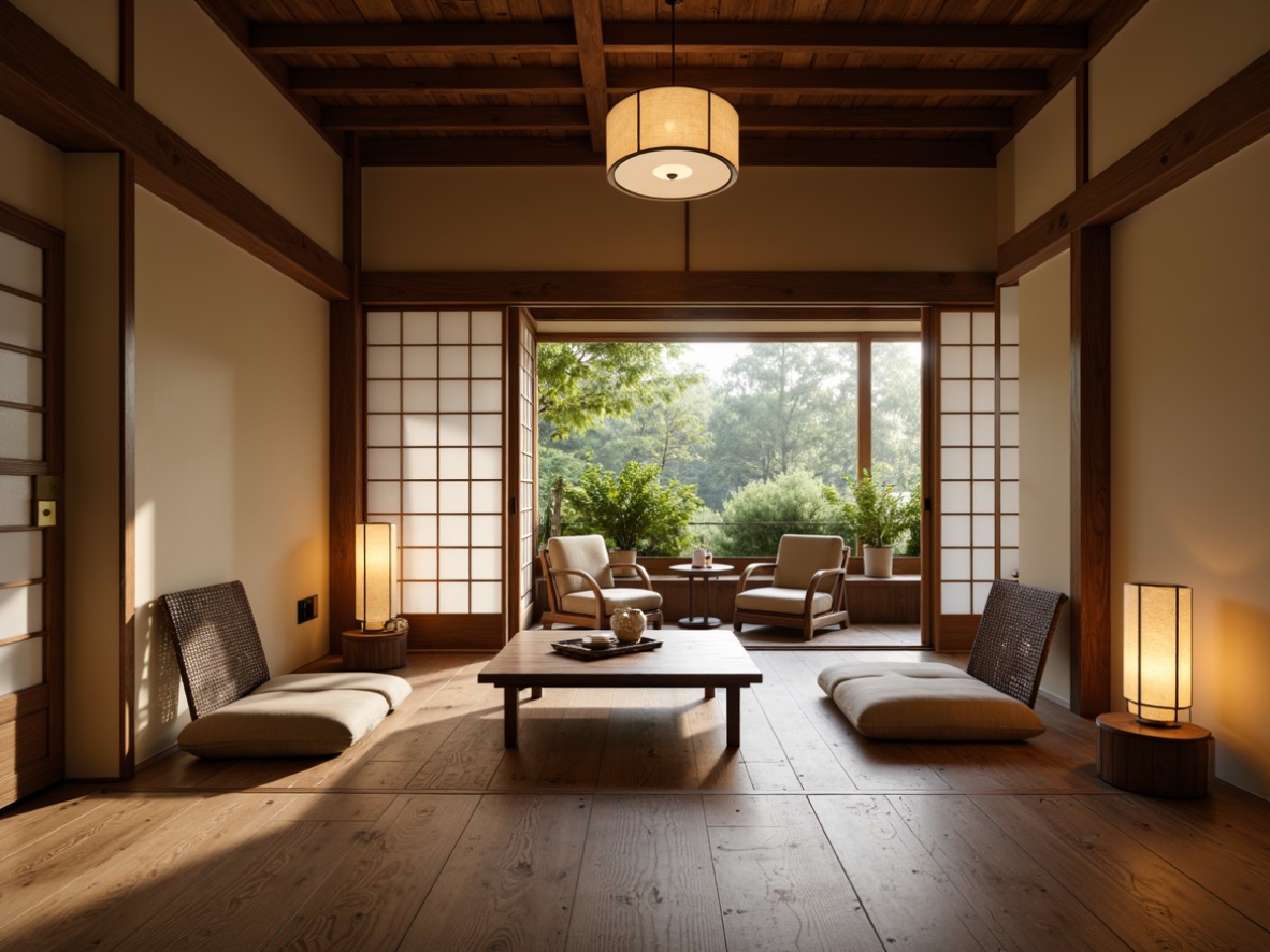 Prompt: Traditional Japanese tatami room, low-seating floor cushions, woven bamboo chairs, paper lanterns, natural wood accents, sliding shoji screens, subtle warm lighting, minimal ornamentation, neutral color palette, harmonious balance, 1/1 composition, intimate atmosphere, soft shadows, realistic textures, ambient occlusion.