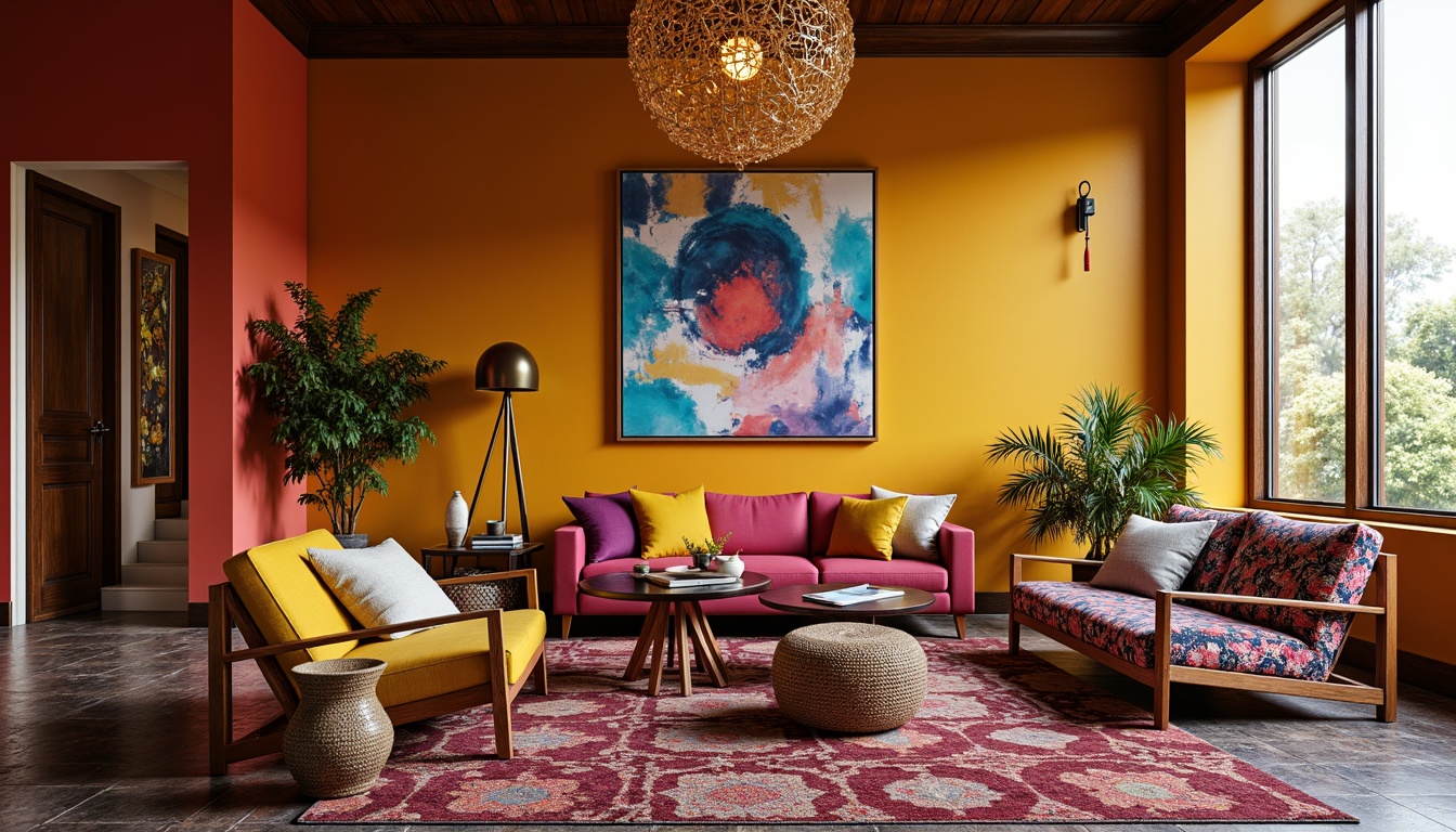 Prompt: Vibrant living room, bold color schemes, eclectic furniture, patterned rugs, abstract artwork, statement lighting fixtures, metallic accents, glass coffee tables, plush throw pillows, rich wood tones, natural textiles, bohemian chic decor, Moroccan-inspired tiles, geometric patterns, warm ambient lighting, shallow depth of field, 1/1 composition, realistic reflections.