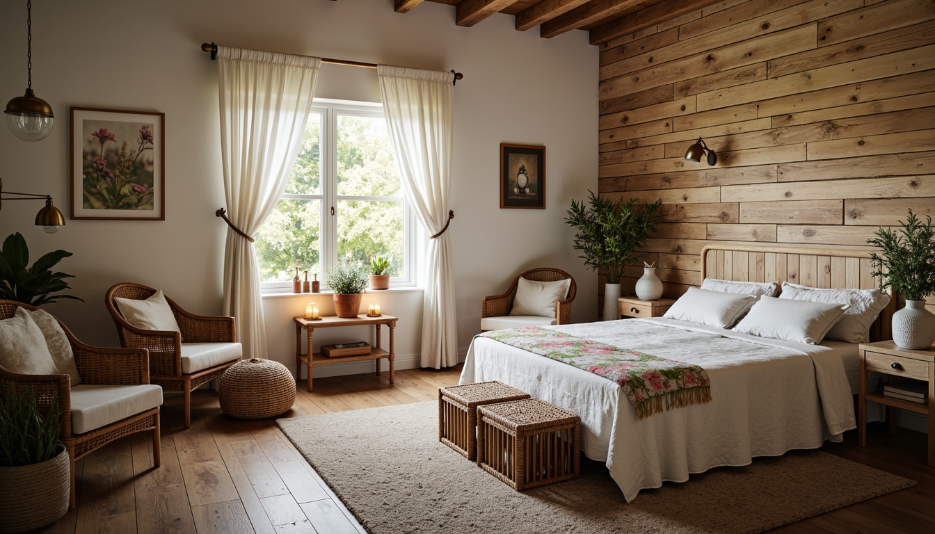 Prompt: Cozy farmhouse bedroom, vintage wooden furniture, distressed finishes, soft pastel colors, floral patterns, rustic textiles, woven baskets, natural fabrics, linen bedding, cotton lace curtains, embroidered pillowcases, patchwork quilts, rattan chairs, reclaimed wood accent walls, warm candlelight, shallow depth of field, 1/1 composition, intimate atmosphere, realistic textures, ambient occlusion.