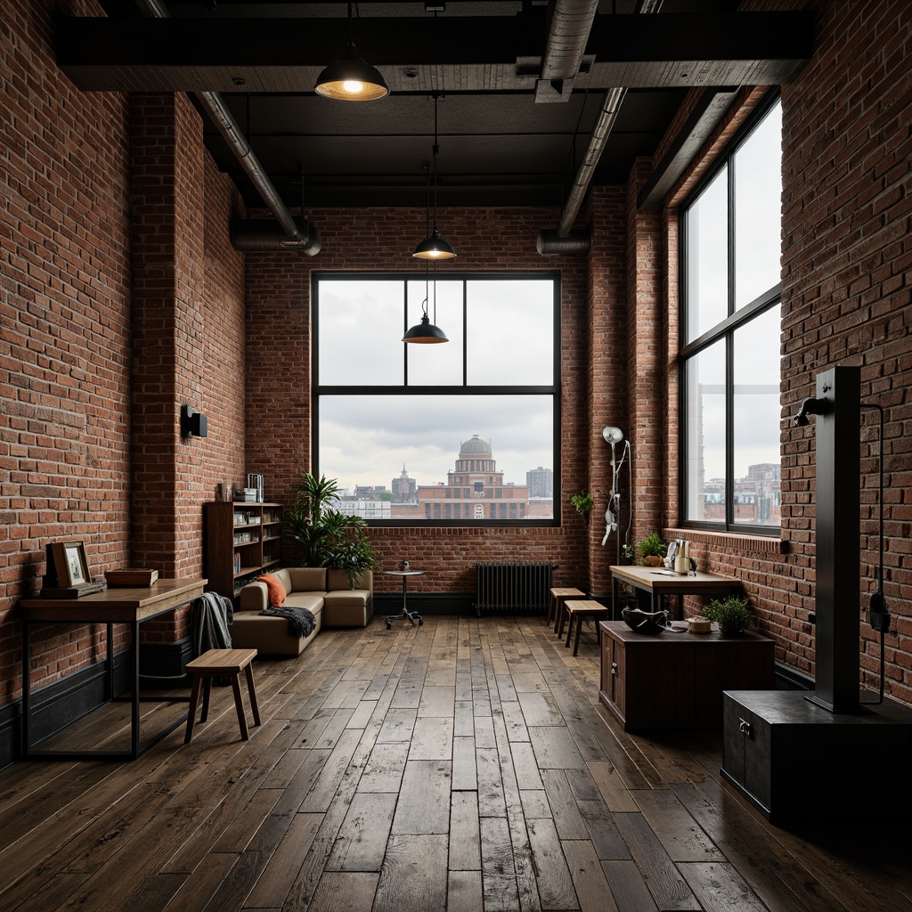 Prompt: Exposed brick walls, metal beam ceilings, reclaimed wood floors, industrial-style lighting fixtures, vintage manufacturing equipment, distressed concrete textures, urban cityscape views, overcast skies, warm atmospheric lighting, shallow depth of field, 1/1 composition, realistic metallic reflections, ambient occlusion.