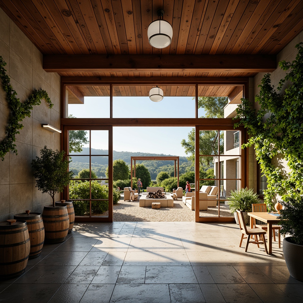 Prompt: Rustic winery, mid-century modern architecture, reclaimed wood accents, large windows, sliding glass doors, natural stone flooring, earthy color palette, lush greenery, vines crawling up walls, wine barrels, wooden crates, industrial metal lighting, warm soft glow, shallow depth of field, 3/4 composition, panoramic view, realistic textures, ambient occlusion, open courtyard, outdoor seating area, fire pit, pergola, minimalist landscaping, gravel pathway, scenic views of vineyards.