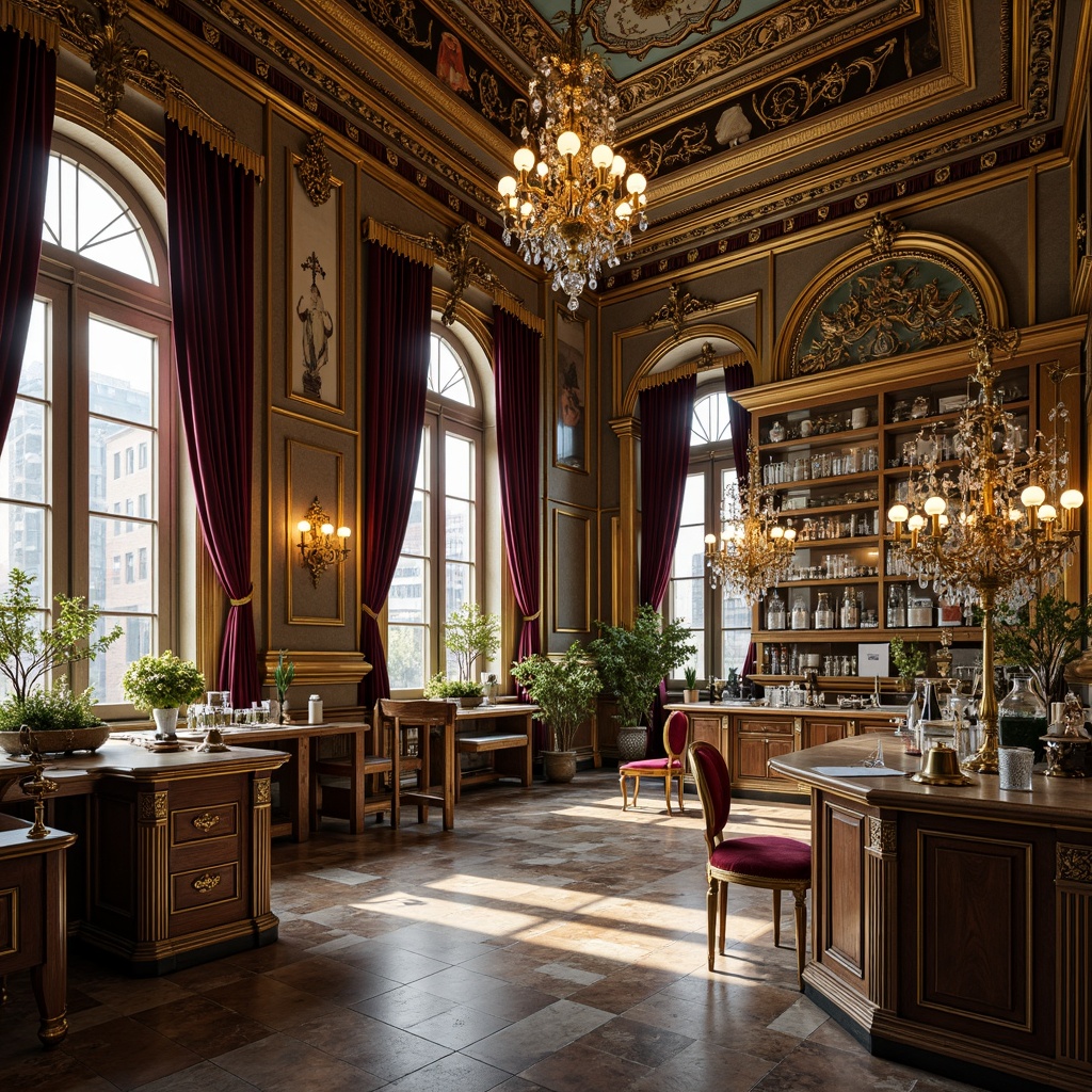 Prompt: Ornate laboratory, golden accents, intricately carved furnishings, Rococo-inspired ornateness, lavish chandeliers, crystal prisms, velvet drapes, luxurious textiles, rich jewel-toned colors, Baroque-style archways, gilded molding, ornamental fixtures, exquisite marquetry, polished marble floors, majestic high ceilings, dramatic lighting, 1/1 composition, softbox illumination, cinematic atmosphere, realistic reflections.