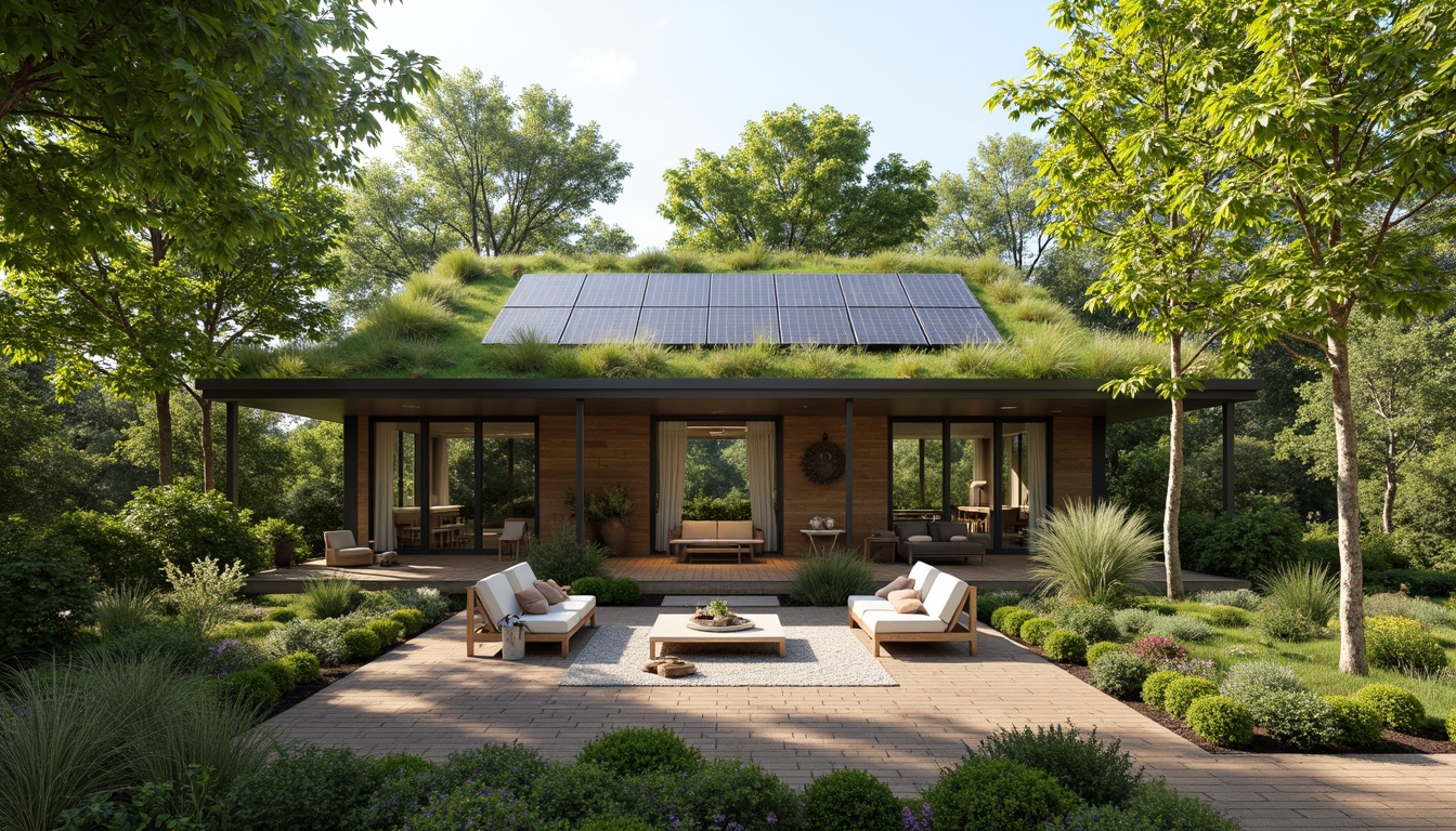 Prompt: Sustainable eco-home, lush green roof, solar panels, rainwater harvesting system, recycled materials, natural stone walls, large windows, minimal carbon footprint, energy-efficient appliances, organic garden, composting area, reclaimed wood furniture, bamboo flooring, living walls, green interior design, soft natural lighting, airy open spaces, 1/1 composition, shallow depth of field, warm earthy tones.