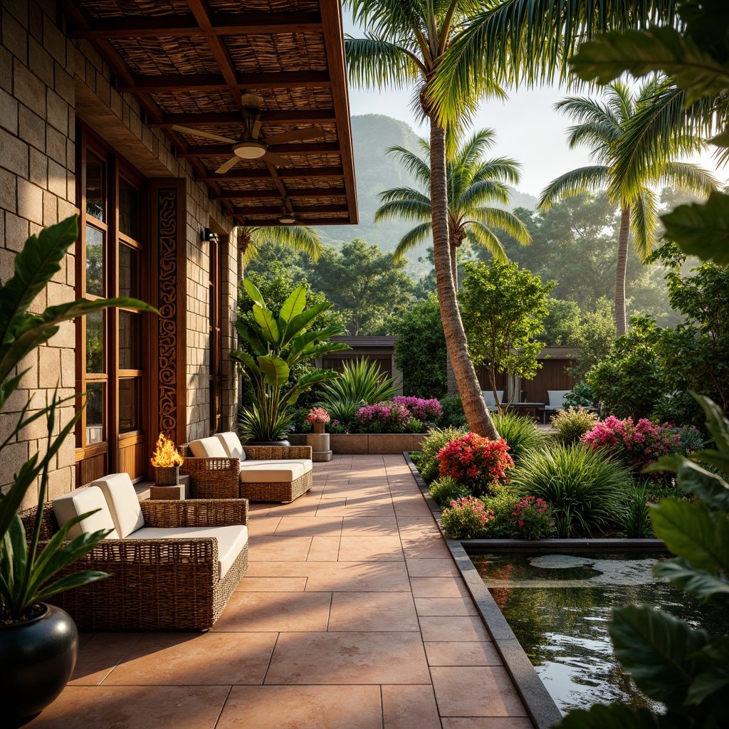 Prompt: Vibrant tropical oasis, lush greenery, exotic flowers, natural wood accents, woven rattan furniture, colorful tiki torches, intricately carved wooden panels, earthy terracotta floors, rustic stone walls, bamboo ceiling fans, soft warm lighting, shallow depth of field, 3/4 composition, panoramic view, realistic textures, ambient occlusion, tranquil water features, serene koi ponds, tropical leaf patterns, natural fiber textiles, woven wicker decor.