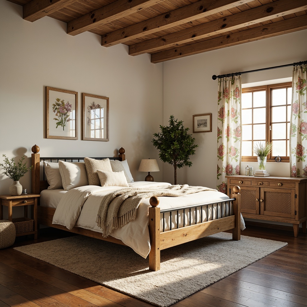 Prompt: Cozy farmhouse bedroom, vintage wooden furniture, plush area rugs, natural linen bedding, rustic metal frames, soft warm lighting, creamy white walls, distressed wood accents, woven baskets, floral patterns, botanical prints, earthy tones, organic textures, layered window treatments, billowy curtains, velvet pillows, chunky knitted blankets, natural fabrics, artisanal craftsmanship, intimate atmosphere, serene ambiance, morning sunlight, shallow depth of field, 1/1 composition, realistic renderings.