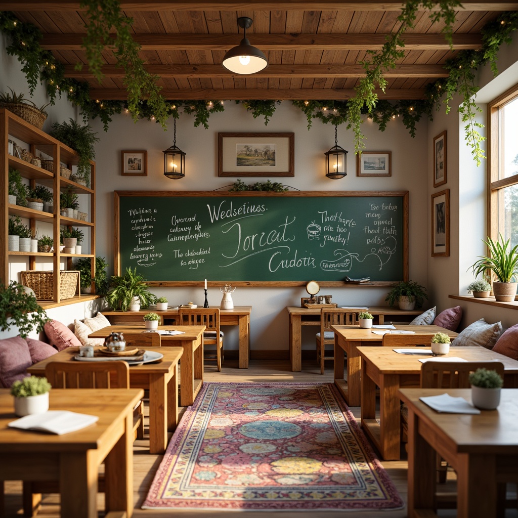 Prompt: Cozy classroom, warm wooden desks, vintage chalkboards, soft pastel colors, whimsical illustrations, colorful rug, plush pillows, natural woven baskets, distressed wood shelving, eclectic decorative accents, inspirational quotes, rustic metal lanterns, mason jars, fairy lights, greenery plants, sunny afternoon, warm golden lighting, shallow depth of field, 1/1 composition, realistic textures, ambient occlusion.