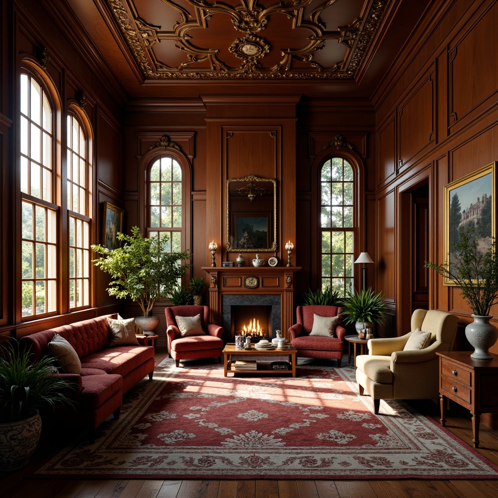 Prompt: Warm Victorian family room, rich wood tones, ornate furnishings, plush velvet fabrics, soft golden lighting, intricate patterns, dark crimson reds, deep blues, mossy greens, creamy whites, warm beige, traditional architecture, ornate moldings, luxurious textiles, vintage accessories, cozy atmosphere, dramatic shadows, 2/3 composition, warm color harmony, realistic textures.