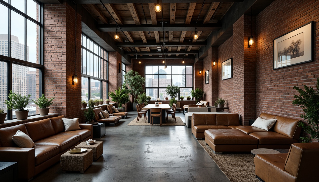 Prompt: Rustic industrial hotel lobby, reclaimed wood accents, metal beam ceilings, exposed brick walls, distressed leather sofas, vintage factory lamps, concrete flooring, minimalist decor, urban cityscape views, natural light pouring through floor-to-ceiling windows, warm earthy tones, rich textures, modern industrial chic furniture, sleek low-profile beds, functional metal nightstands, Edison bulb chandeliers, rough-hewn wood coffee tables, industrial-style metal chairs, atmospheric dim lighting, cinematic composition, high-contrast imagery, dramatic shadows.