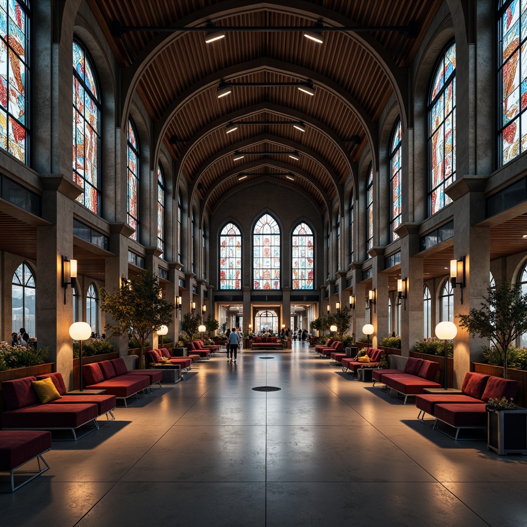 Prompt: Airport terminal interior, Gothic architecture influence, dark stone walls, vaulted ceilings, ribbed arches, stained glass windows, industrial metal beams, polished concrete floors, luxurious velvet lounges, modern minimalist seating, sleek silver accents, rich wood tones, atmospheric warm lighting, dramatic shadows, 1/2 composition, low-angle shot, realistic reflections, ambient occlusion.