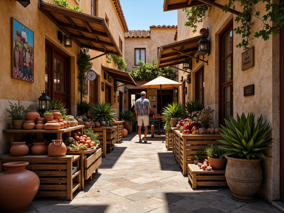 Prompt: Vibrant market vernacular, eclectic global inspiration, warm earthy tones, terracotta pots, rustic wooden crates, vintage metal lanterns, distressed stone walls, lively street art, bustling atmosphere, natural light, soft shadows, 1/2 composition, shallow depth of field, realistic textures, ambient occlusion.