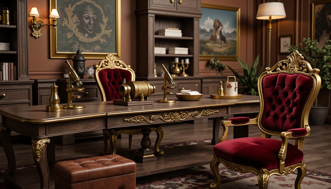 Prompt: Ornate laboratory furniture, Rococo style, gold leaf accents, curvaceous legs, velvet upholstery, rich wood tones, intricate carvings, ornamental details, antique scientific instruments, vintage microscopes, distressed finishes, luxurious fabrics, tufted buttons, golden hardware, soft warm lighting, shallow depth of field, 1/1 composition, realistic textures, ambient occlusion.