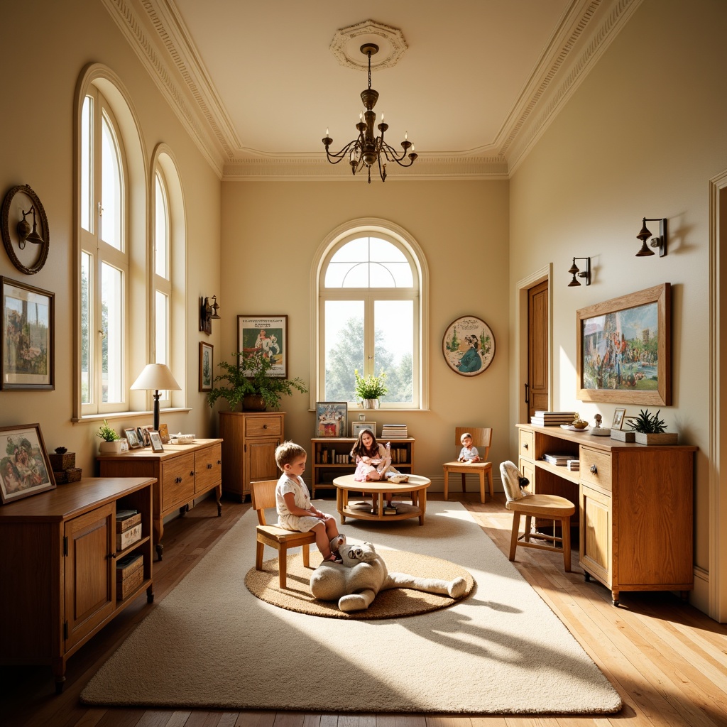 Prompt: Warm kindergarten classroom, classical architectural style, soft warm lighting, golden chandeliers, cream-colored walls, wooden furniture, gentle curves, ornate moldings, large windows, natural light, cozy reading nooks, plush area rugs, vintage educational posters, classic children's books, soft pastel colors, subtle texture overlays, shallow depth of field, 1/2 composition, warm color palette, inviting atmosphere.