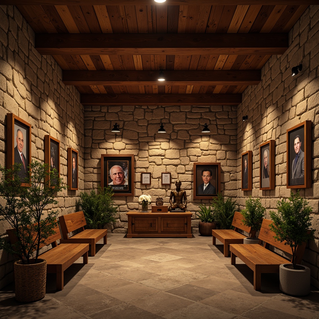 Prompt: Rustic memorial center, wooden accents, distressed finishes, vintage decorations, natural stone walls, earthy color palette, warm candle lighting, wooden benches, woven baskets, artificial flowers, memorial plaques, bronze statues, solemn ambiance, soft focus, shallow depth of field, 1/2 composition, warm color grading, realistic textures, ambient occlusion.