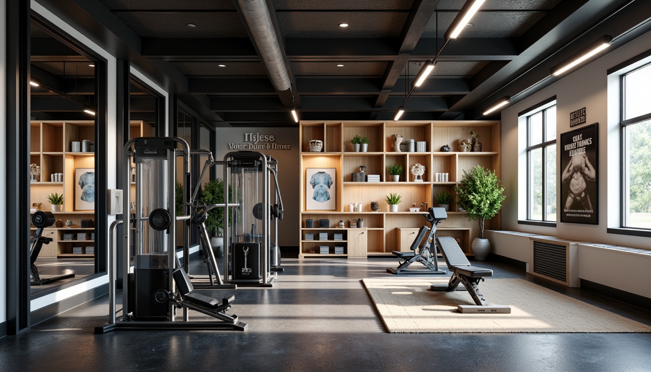 Prompt: Modern home gym, sleek metal equipment, mirrored walls, rubber flooring, storage cabinets, wooden shelves, athletic wear displays, motivational quotes, natural light, bright color scheme, organized layout, 3/4 composition, shallow depth of field, realistic textures, ambient occlusion.