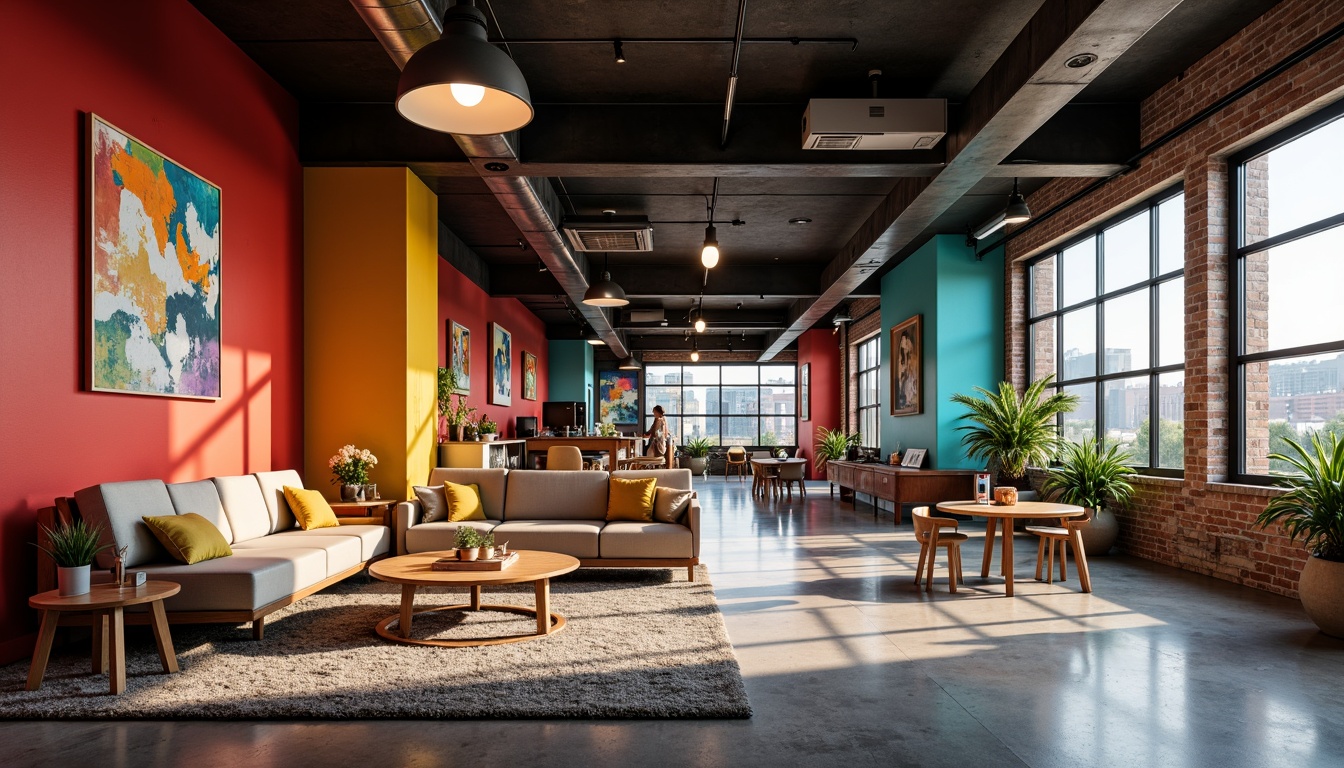 Prompt: Vibrant postmodern office, eclectic furniture, bold color blocks, abstract artwork, industrial metal accents, exposed brick walls, polished concrete floors, minimalist workstations, ergonomic chairs, natural textiles, playful geometric patterns, neon lighting, warm atmospheric glow, shallow depth of field, 2/3 composition, realistic reflections, ambient occlusion.