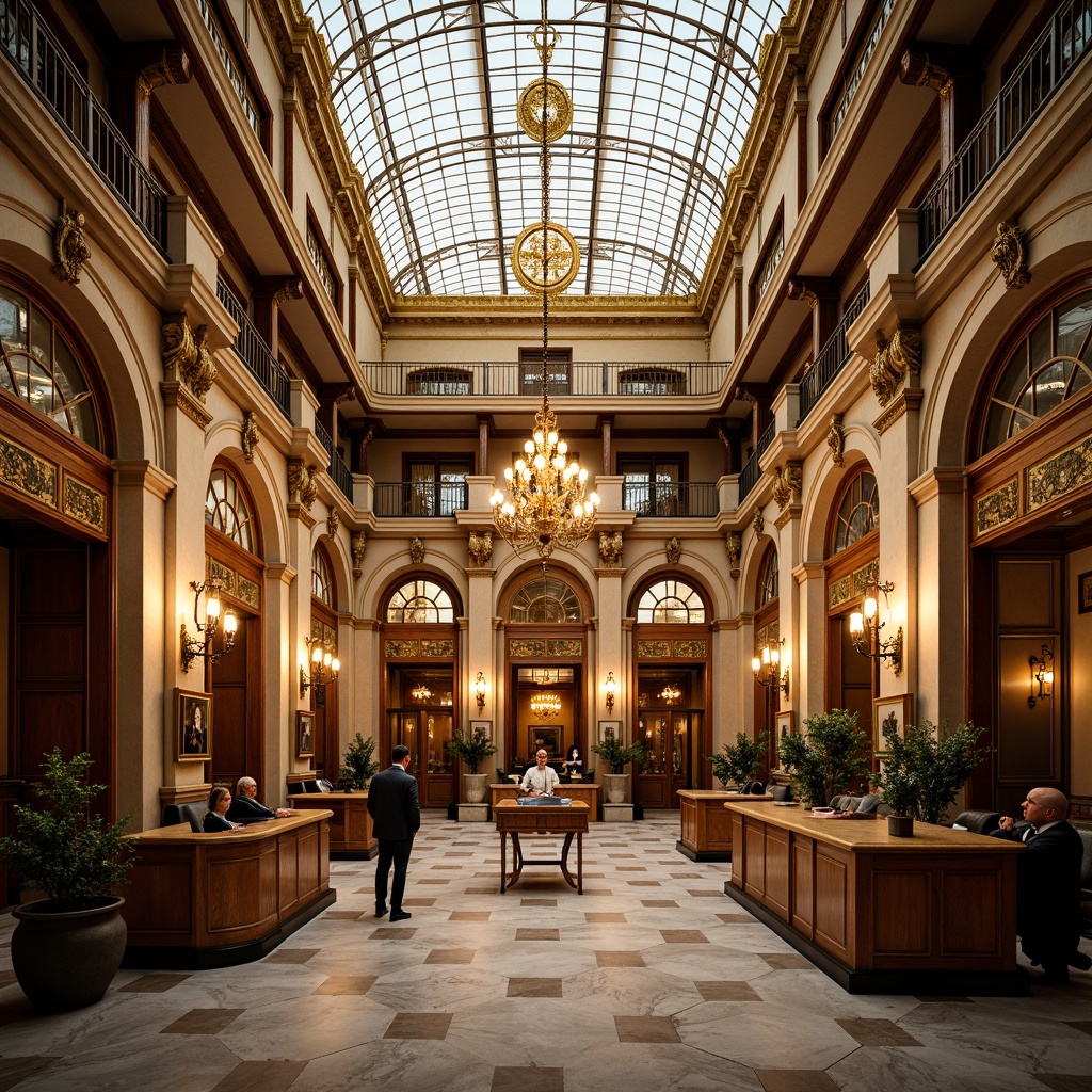 Prompt: Ornate courthouse, renaissance architecture, high ceilings, gold leaf accents, intricate moldings, decorative arches, grand chandeliers, stained glass skylights, marble floors, wooden paneling, ornamental columns, classical statues, lavish furnishings, warm golden lighting, shallow depth of field, 1/2 composition, soft focus, realistic textures, ambient occlusion.