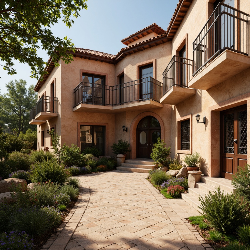 Prompt: Warm Mediterranean villa, rustic stonewalls, distressed finishes, earthy color palette, terracotta rooftops, ornate wooden doors, wrought iron balconies, lush greenery, fragrant herbs, sunny afternoon, soft warm lighting, shallow depth of field, 3/4 composition, natural textures, ambient occlusion.