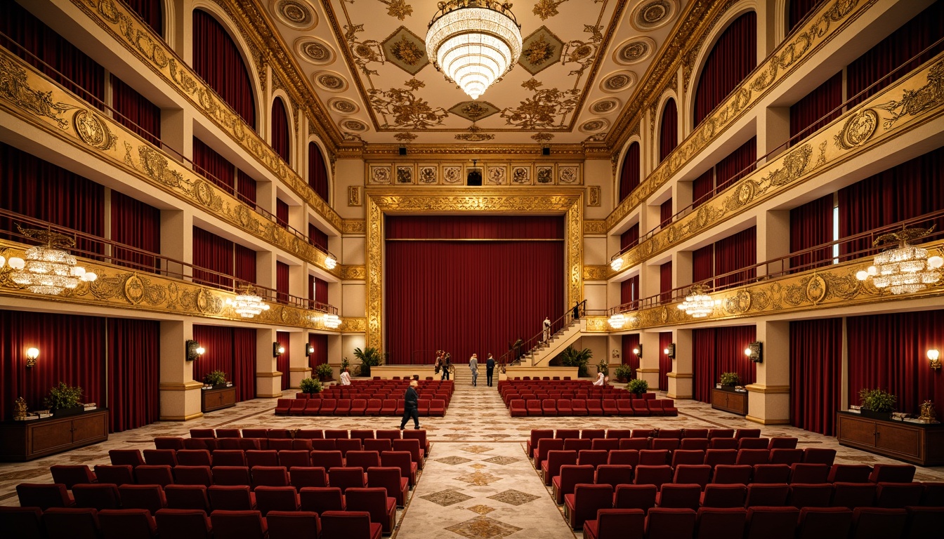 Prompt: Grand opera house, neoclassical architecture, ornate details, gilded accents, crystal chandeliers, red velvet curtains, golden balconies, grand staircase, marble floors, frescoed ceilings, intricate moldings, symmetrical layout, spacious foyer, lavish auditorium, ornate boxes, private suites, regal atmosphere, warm soft lighting, shallow depth of field, 1/2 composition, dramatic shadows, realistic textures, ambient occlusion.