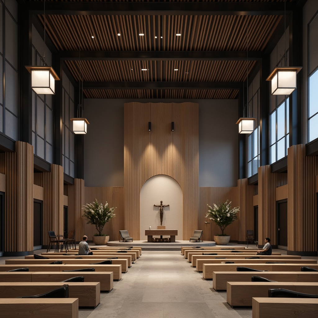 Prompt: Minimalist worship space, industrial chic aesthetic, geometric shapes, clean lines, monochromatic color scheme, steel beams, polished concrete floors, functional furniture, simplicity-driven design, rectangular pews, geometric-shaped pulpits, minimalist altars, modern lighting fixtures, hanging lanterns, natural textiles, woven fibers, wooden accents, subtle ornamentation, atmospheric ambiance, soft warm lighting, high ceilings, open spaces, abstract artwork, spiritual symbolism, futuristic nuances.