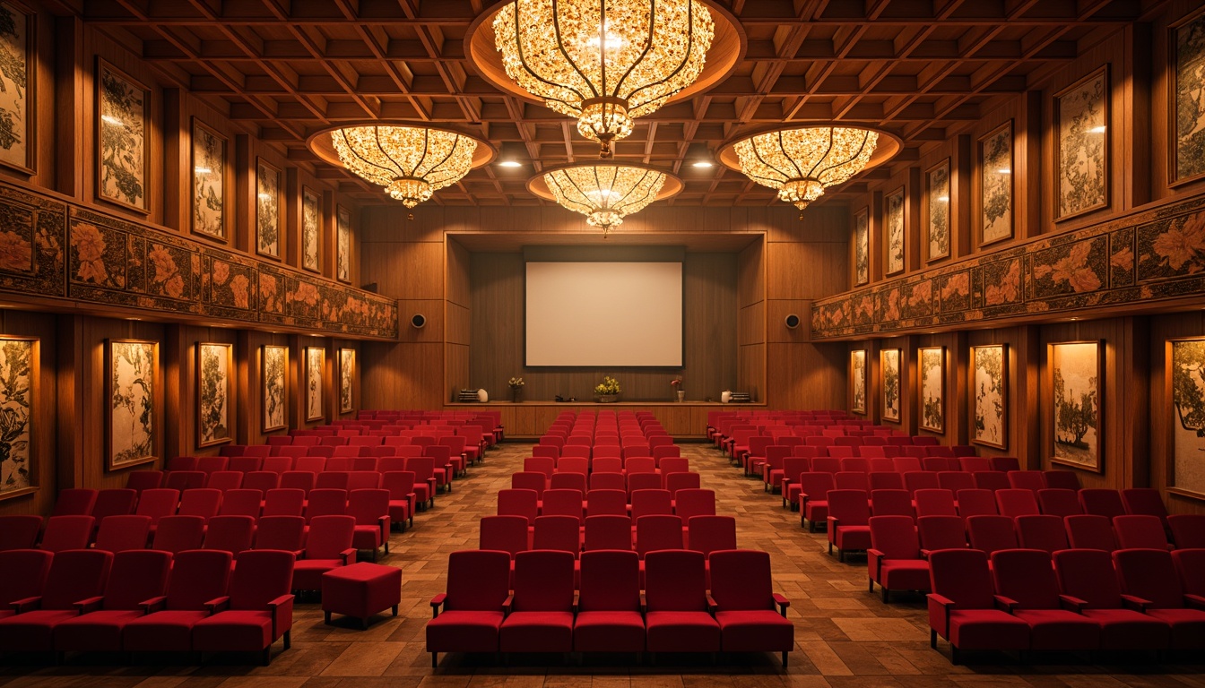 Prompt: Vibrant eclectic auditorium, ornate chandeliers, rich wood paneling, plush red velvet seats, decorative acoustic panels, sound-absorbing materials, irregularly shaped walls, unique architectural features, warm golden lighting, intimate seating arrangement, 1/2 composition, soft focus, atmospheric mist, realistic reflections, ambient occlusion.