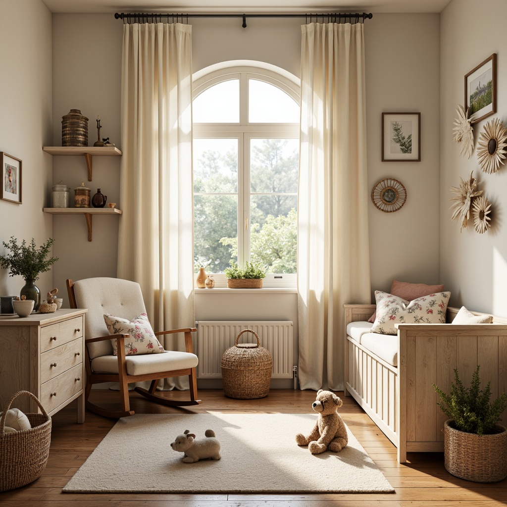 Prompt: Whimsical nursery, soft pastel colors, distressed wood furniture, vintage toys, plush area rug, cream-colored curtains, natural linen fabrics, woven baskets, antique wooden rocking chair, floral patterns, gentle warm lighting, shallow depth of field, 1/1 composition, realistic textures, ambient occlusion, rustic metal decorations, earthy tone walls, nature-inspired artwork, artificial greenery, cozy reading nook, oversized pillows.