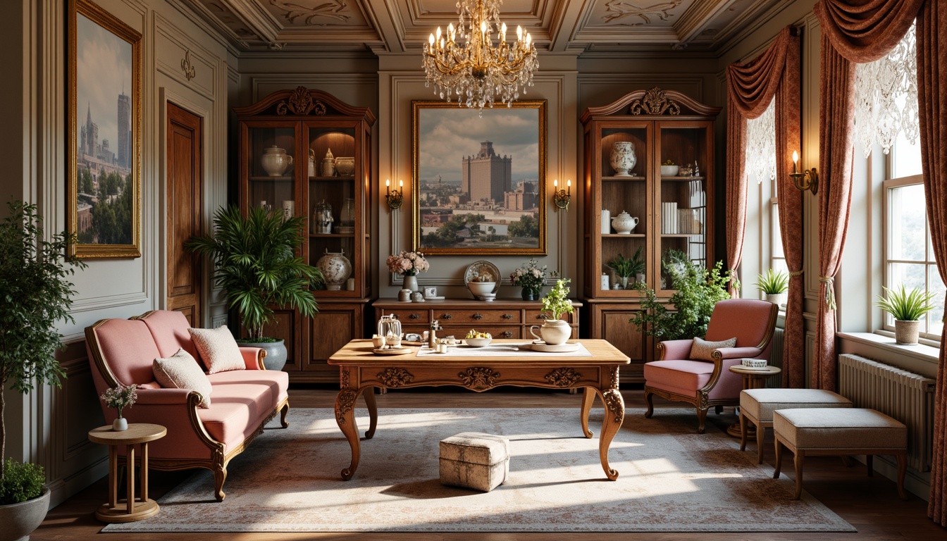 Prompt: Luxurious craft room, rich velvet fabrics, ornate golden frames, delicate lace trimmings, soft pastel colors, intricate florals, French-inspired furniture, curved wooden legs, ornamental mirrors, crystal chandeliers, lavish drapery, opulent upholstery, Baroque-style carvings, antique wooden cabinets, distressed finishes, warm candlelight, shallow depth of field, 1/1 composition, realistic textures, ambient occlusion.