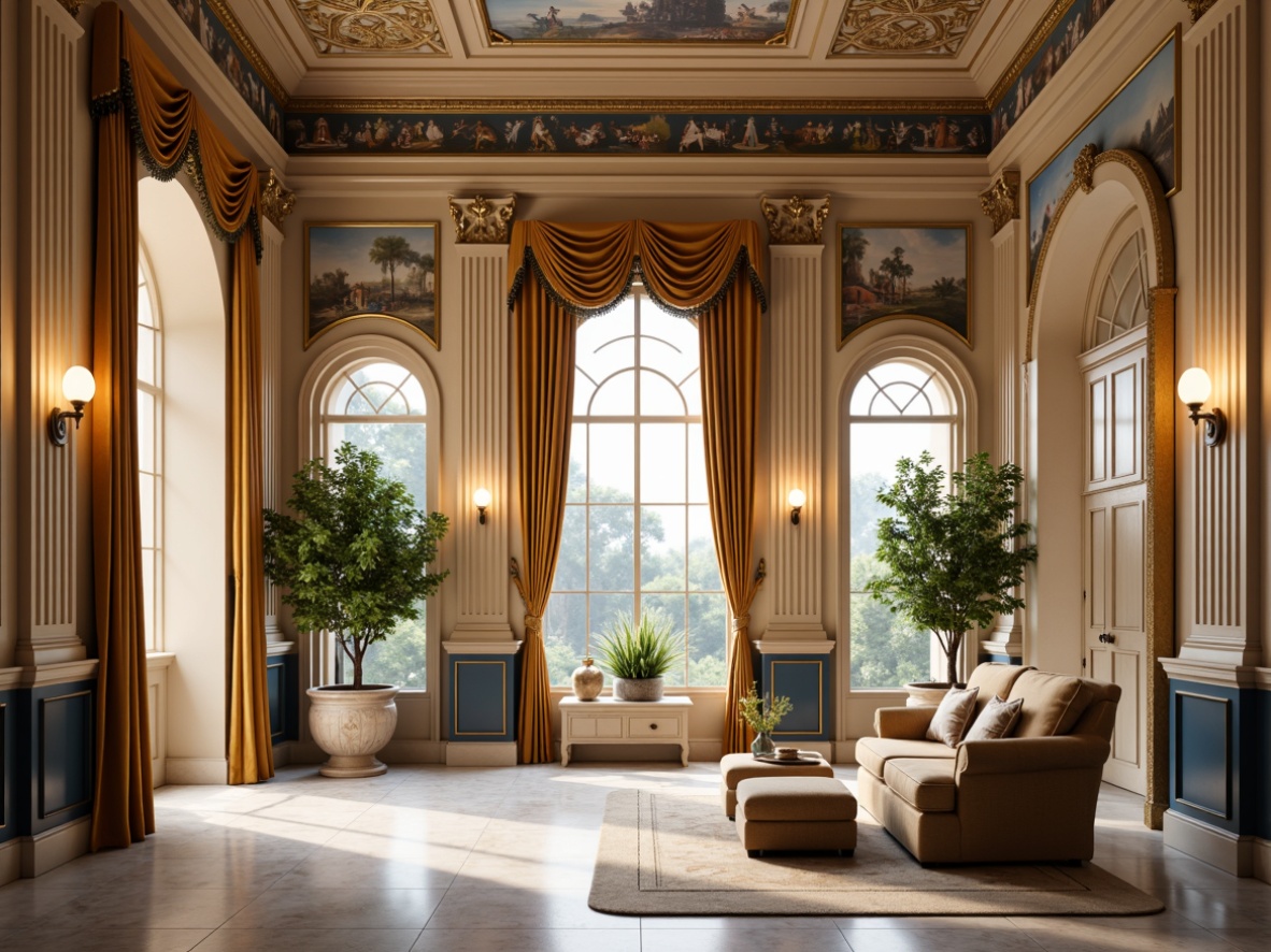 Prompt: Elegant neoclassical interior, ornate moldings, gilded accents, rich velvet fabrics, creamy marble surfaces, subtle wood grain textures, soft warm lighting, classic columns, archways, intricate frescoes, neutral beige walls, deep navy blue trim, warm golden drapery, luxurious satin upholstery, subtle sheen finishes, 3/4 composition, shallow depth of field, panoramic view, realistic textures, ambient occlusion.