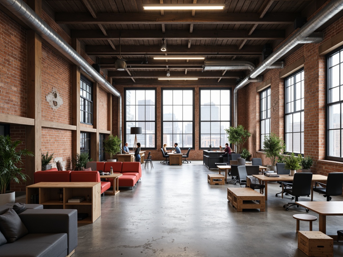 Prompt: Industrial chic warehouse, exposed brick walls, polished concrete floors, minimal ornamentation, functional lighting, steel beams, wooden crates, geometric shapes, primary color accents, open floor plan, communal workspaces, collaborative desks, ergonomic chairs, minimalist decor, plenty of natural light, large windows, industrial metal doors, urban cityscape views, overcast day, soft diffuse lighting, shallow depth of field, 2/3 composition, symmetrical framing, realistic textures, ambient occlusion.