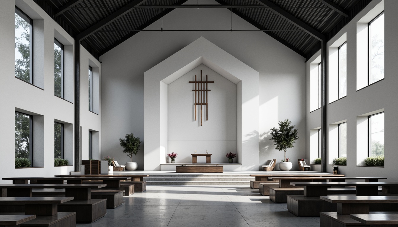 Prompt: Minimalist worship hall, abstract geometric shapes, clean lines, monochromatic color scheme, industrial materials, steel beams, concrete floors, stained glass windows, simplistic pulpit, modernist benches, open floor plan, natural lighting, dramatic verticality, symmetrical composition, 1/1 aspect ratio, high contrast, bold typography, sacred symbols, geometric patterns, spiritual ambiance, peaceful atmosphere, subtle textures, ambient occlusion.