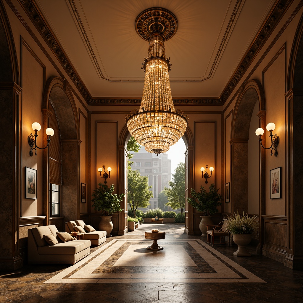 Prompt: Dramatic chandelier, ornate metalwork, luxurious crystals, grand entrance hall, high ceiling, opulent furnishings, lavish decor, sophisticated ambiance, warm golden lighting, soft shadows, 3/4 composition, shallow depth of field, realistic reflections, ambient occlusion.