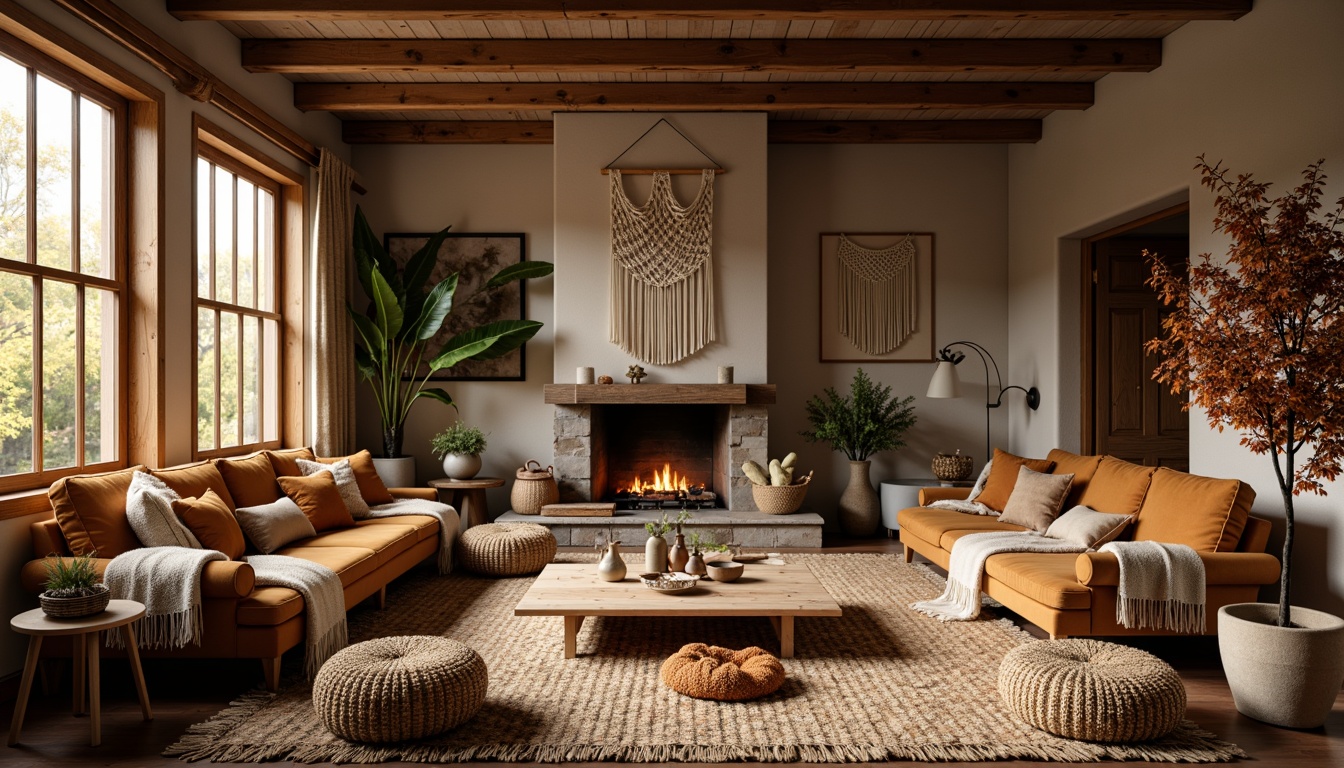 Prompt: Cozy living room, plush throw blankets, woven baskets, natural fiber rugs, chunky knit pillows, velvet sofas, macrame wall hangings, earthy color palette, warm golden lighting, soft focus, shallow depth of field, 1/1 composition, inviting atmosphere, rustic wood accents, stone fireplace, crackling fire, autumnal leaves, nature-inspired patterns, tactile fabrics, organic shapes.