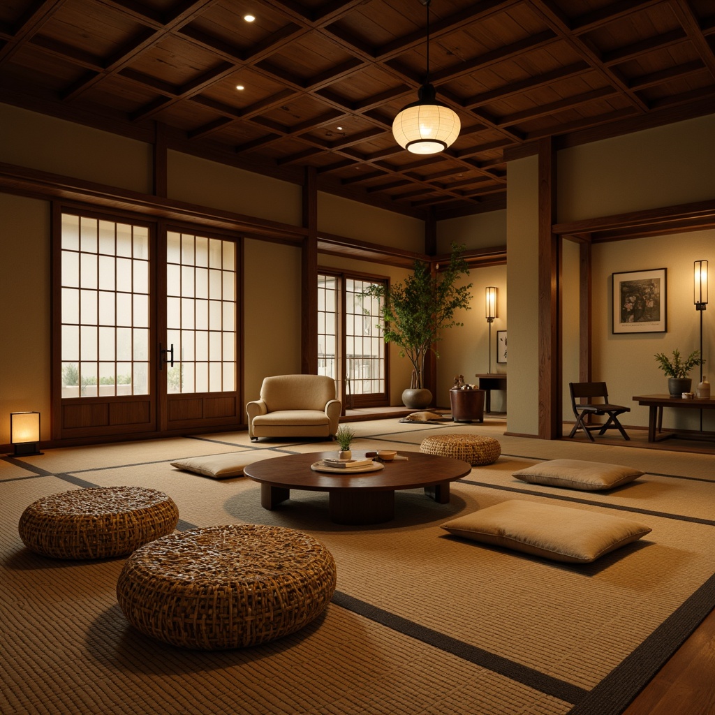 Prompt: Traditional Japanese tatami room, low seating arrangement, woven bamboo chairs, natural wood accents, sliding shoji doors, paper lanterns, warm candle lighting, cozy intimate atmosphere, subtle minimalist decor, earthy color palette, woven textiles, nature-inspired patterns, soft diffused light, shallow depth of field, 1/1 composition, realistic textures, ambient occlusion.