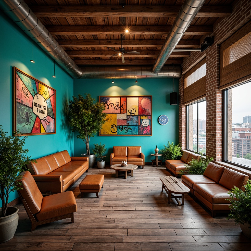 Prompt: Rich wooden accents, bold geometric patterns, vibrant turquoise walls, eclectic furniture arrangements, industrial metal beams, exposed brick textures, retro-futuristic decorative elements, warm neon lighting, playful typographic art, abstract expressionist paintings, distressed leather upholstery, reclaimed wood flooring, urban cityscape views, natural stone columns, atmospheric misting systems, 1/2 composition, cinematic lens flares, soft focus effects.