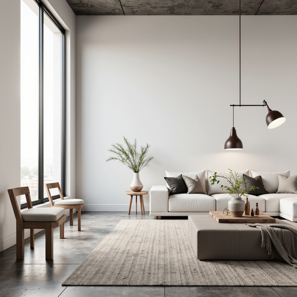 Prompt: Minimalist interior, monochromatic color scheme, industrial concrete floors, plain white walls, sleek metal accents, low-profile furniture, minimalist decor, natural textiles, linen fabrics, reclaimed wood elements, subtle patterns, soft warm lighting, shallow depth of field, 1/1 composition, realistic textures, ambient occlusion.