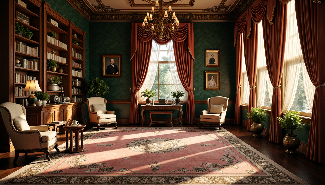 Prompt: Richly decorated study, ornate wooden furniture, lavish velvet drapes, intricate patterned rugs, warm golden lighting, traditional English architecture, Victorian-era inspired decor, earthy tones, mossy greens, dusty blues, warm neutrals, comforting textures, plush armchairs, antique bookshelves, vintage accessories, elegant chandeliers, soft morning light, shallow depth of field, 1/2 composition, realistic renderings, ambient occlusion.