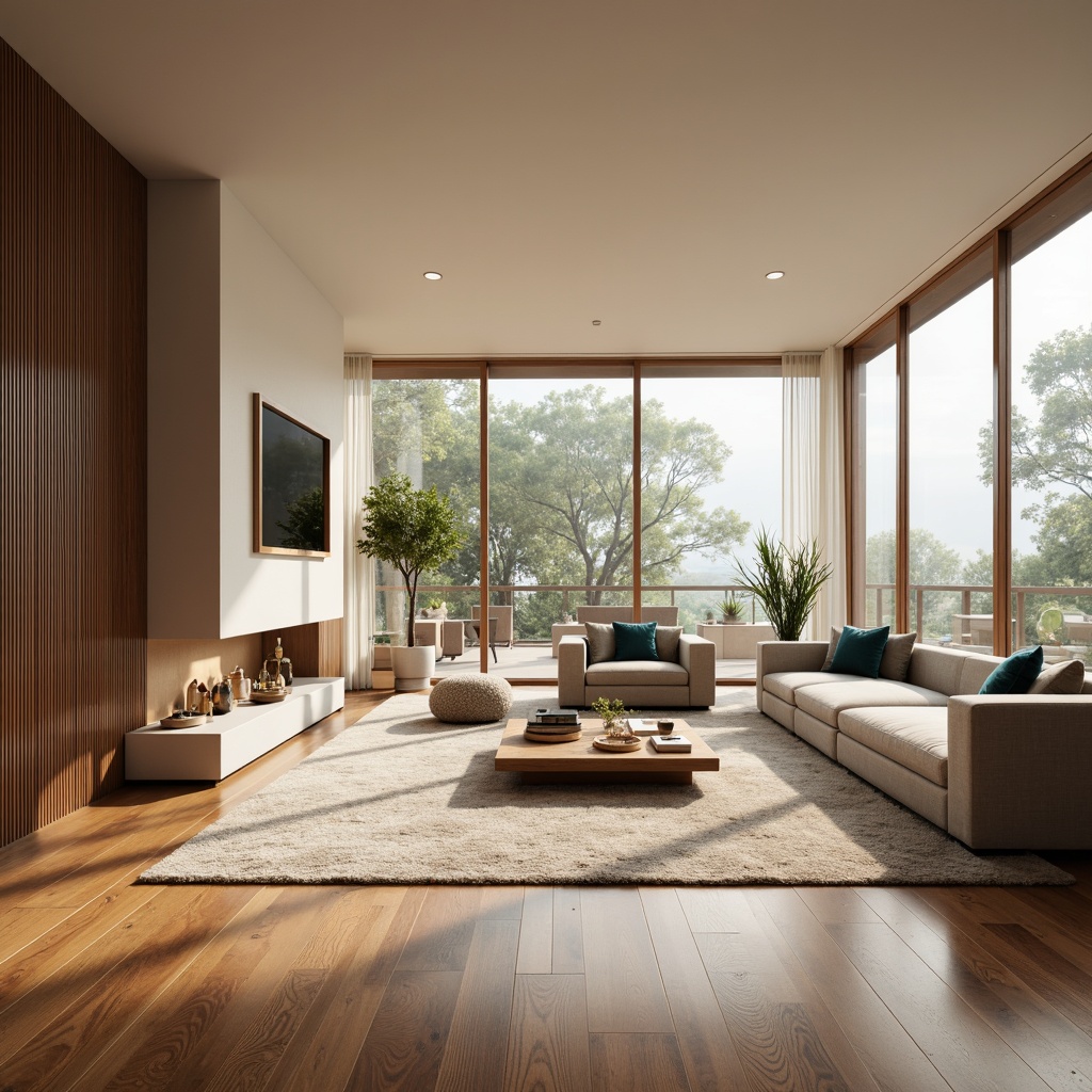 Prompt: Luxurious living room, hardwood flooring, rich wood grains, warm beige tones, soft carpet inlays, plush area rugs, modern furniture, floor-to-ceiling windows, natural light, airy atmosphere, subtle texture variations, realistic material reflections, shallow depth of field, 1/1 composition, panoramic view.