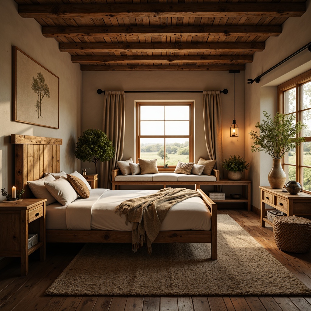 Prompt: Rustic farmhouse bedroom, warm soft lighting, vintage metal lanterns, candlelit ambiance, cozy reading nook, plush area rug, natural wood accents, distressed wooden beams, earthy color palette, linen fabrics, woven baskets, nature-inspired artwork, serene rural landscape views, gentle morning light, golden hour glow, shallow depth of field, 1/1 composition, warm beige tones, softbox lighting.