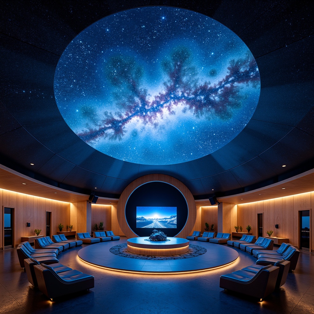 Prompt: Celestial planetarium dome, dark blue gradient sky, twinkling starry night, nebula-inspired lighting effects, fiber-optic stars, LED constellation patterns, color-shifting aurora borealis display, 3D projection mapping, surround sound system, reclined seating area, futuristic pod-like chairs, metallic accents, glossy finishes, ambient luminescent flooring, soft warm glow, atmospheric fog effects, dynamic spotlighting, cinematic lighting transitions, 360-degree panoramic view, realistic celestial bodies, subtle gradient shifts, high-contrast ratios.