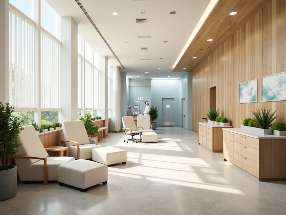 Prompt: Calming medical facility, soothing pastel colors, soft whites, creamy beiges, gentle blues, pale greens, warm wood tones, natural stone textures, minimalist decor, simple furniture designs, sterile stainless steel equipment, calming ambient lighting, shallow depth of field, 1/1 composition, realistic renderings, subtle texture overlays.