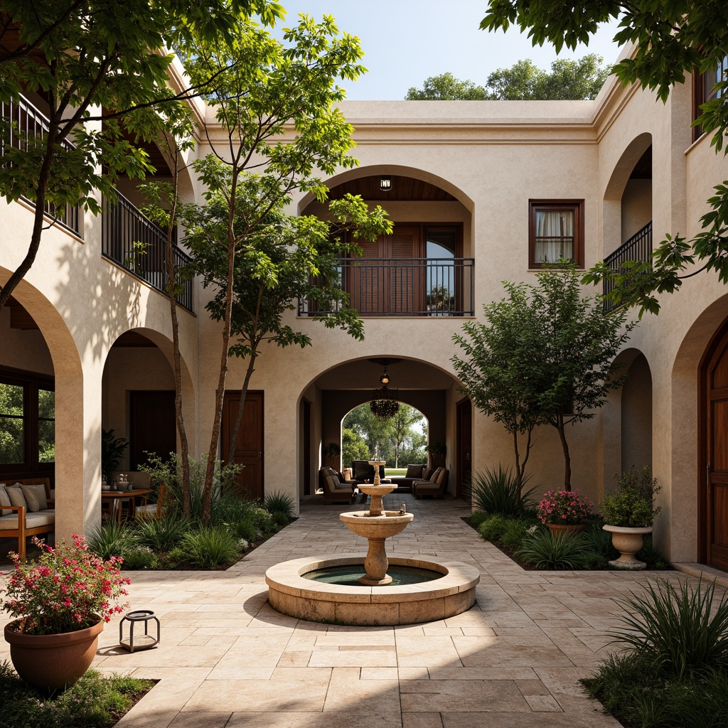 Prompt: Tranquil courtyard, rustic stone paving, lush greenery, vibrant bougainvillea, ornate fountain, decorative tiles, wooden shutters, stucco walls, curved archways, wrought iron railings, warm sunny day, soft natural lighting, shallow depth of field, 3/4 composition, intimate atmosphere, realistic textures, ambient occlusion, Mediterranean style architecture, earthy color palette, rustic charm, cozy outdoor seating areas, fragrant herb gardens, olive trees, terra cotta pots.