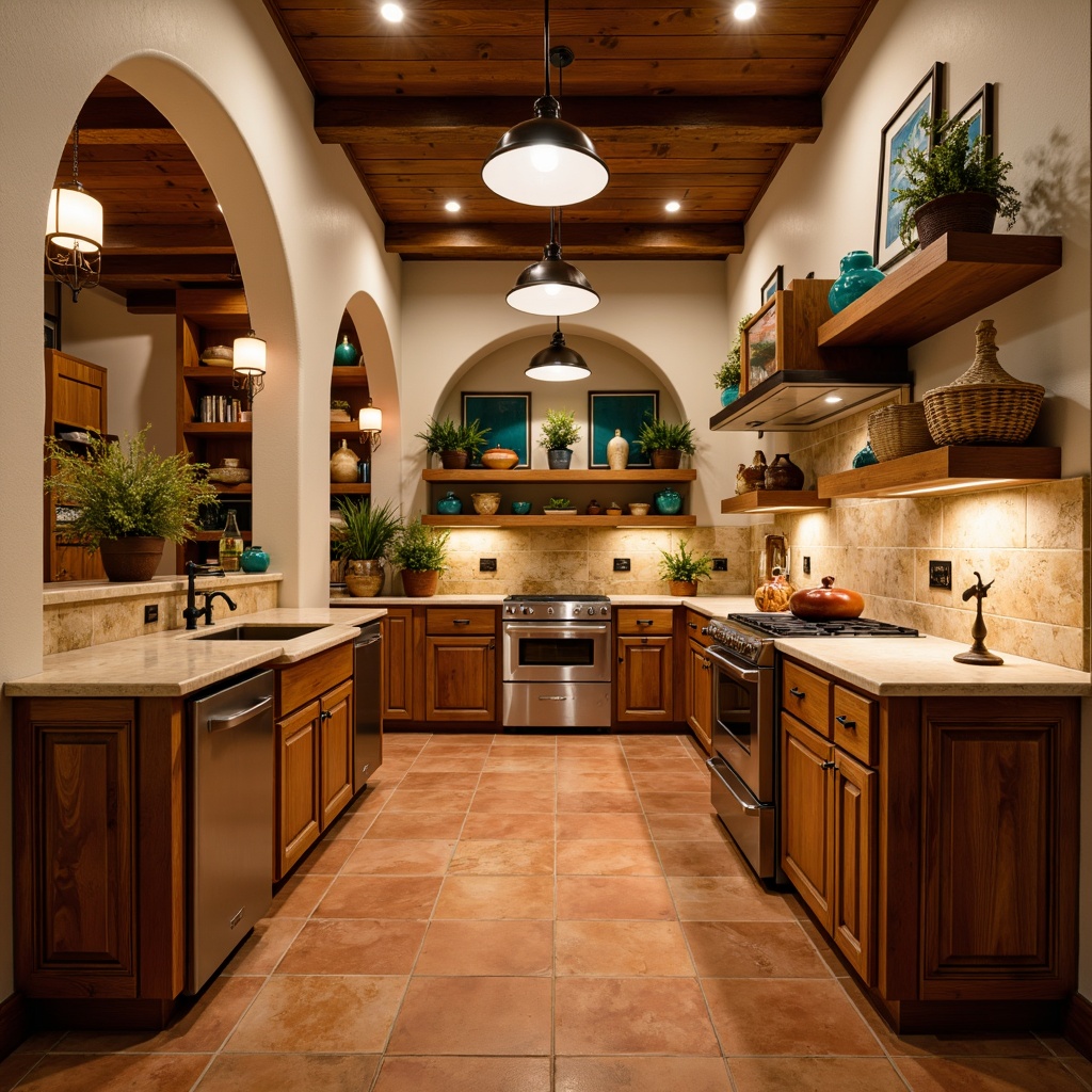 Prompt: Warm southwestern pantry, rustic wooden cabinets, earthy terracotta flooring, warm beige countertops, pendant lanterns, wrought iron lighting fixtures, soft ambient glow, warm golden lighting, recessed ceiling lights, natural stone backsplashes, vibrant turquoise accents, woven basket storage, distressed wood shelves, decorative clay pottery, arched doorways, warm color palette, cozy atmosphere, shallow depth of field, 1/1 composition, realistic textures.