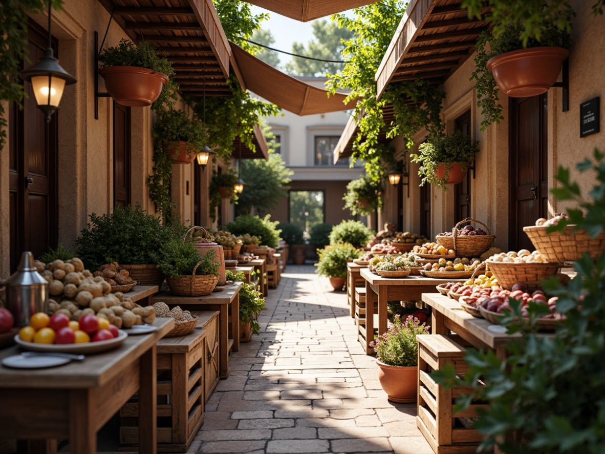 Prompt: Vibrant market stalls, eclectic mix of textures, distressed wooden crates, woven baskets, rustic metal lanterns, colorful ceramic tiles, natural stone floors, rough-hewn brick walls, earthy terracotta planters, lush greenery, soft warm lighting, shallow depth of field, 3/4 composition, realistic renderings, ambient occlusion, inviting atmosphere, bustling energy.