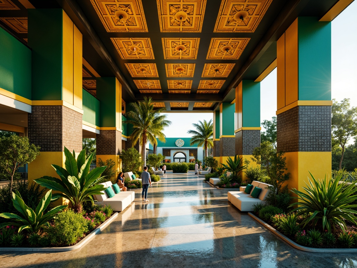 Prompt: \Vibrant art deco pavilion, luxurious golden accents, rich jewel tones, emerald greenery, geometric patterns, metallic materials, ornate details, lavish textiles, bold color blocking, sun-kissed warm lighting, shallow depth of field, 3/4 composition, panoramic view, realistic reflections, ambient occlusion.\