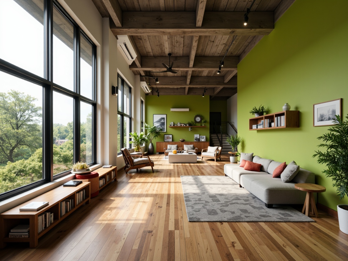 Prompt: Spacious open-plan living area, high ceilings, large windows, natural light, comfortable seating, cozy reading nooks, vibrant green walls, wooden flooring, minimal decor, airy atmosphere, relaxed ambiance, soft warm lighting, shallow depth of field, 3/4 composition, panoramic view, realistic textures, ambient occlusion.