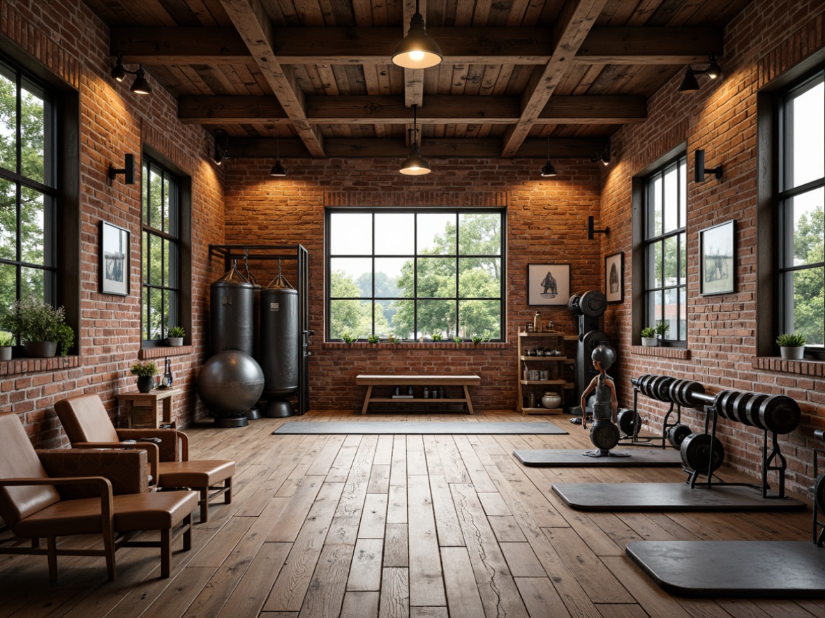 Prompt: Rustic wooden gym, vintage exercise equipment, distressed metal frames, worn leather upholstery, earthy color palette, reclaimed wood flooring, industrial-chic lighting fixtures, exposed brick walls, natural stone accents, free weights, kettlebells, punching bags, yoga mats, wooden dumbbells, steel beam structures, large windows, abundant natural light, warm cozy atmosphere, soft focus, shallow depth of field, 2/3 composition, realistic textures, ambient occlusion.