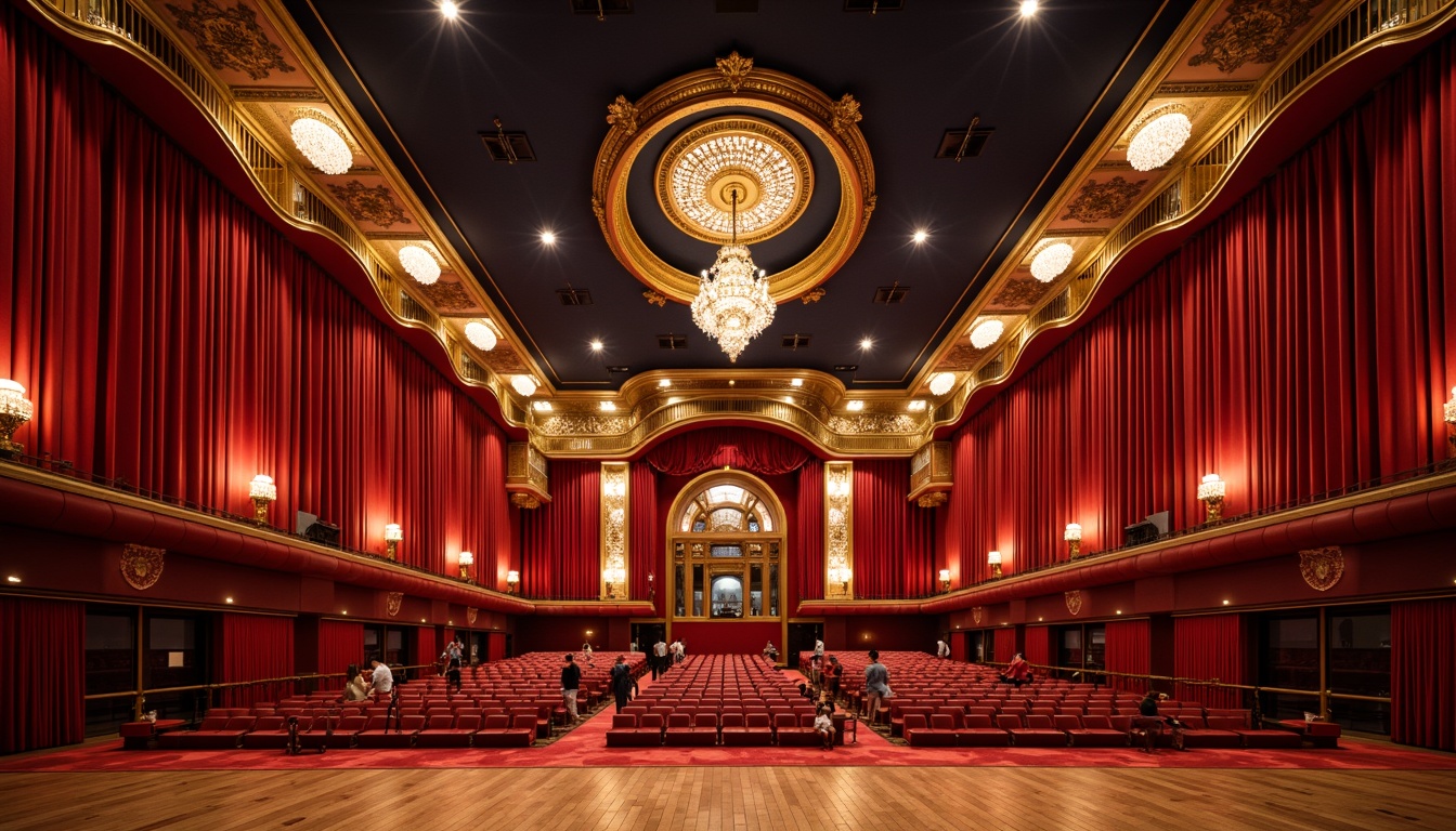 Prompt: Vibrant auditorium interior, rich velvety curtains, warm golden lighting, luxurious red carpeting, polished wooden flooring, ornate metal accents, lavish chandeliers, elegant curved lines, sophisticated seating arrangements, dramatic stage lighting, bold crimson walls, deep navy blue ceiling, opulent gold trimmings, intricate patterns, soft warm ambiance, shallow depth of field, 1/1 composition, realistic textures, ambient occlusion.