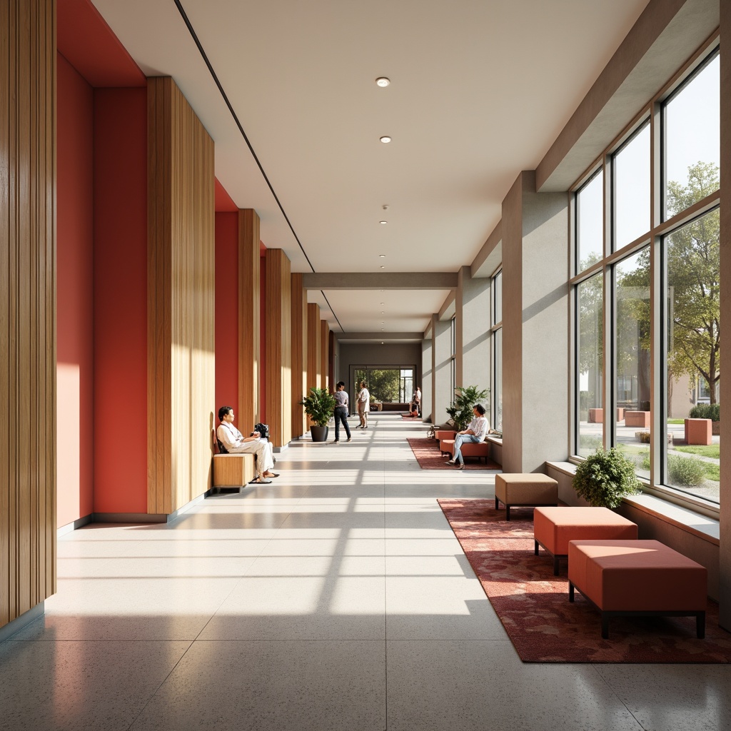 Prompt: Elegant university hallways, rich wood paneling, sophisticated neutral color schemes, warm beige tones, creamy whites, soft grays, bold accent walls, vibrant coral hues, subtle texture contrasts, plush area rugs, modern minimalist furniture, sleek metal frames, oversized windows, abundant natural light, soft box lighting, 1/2 composition, atmospheric rendering, realistic material textures.