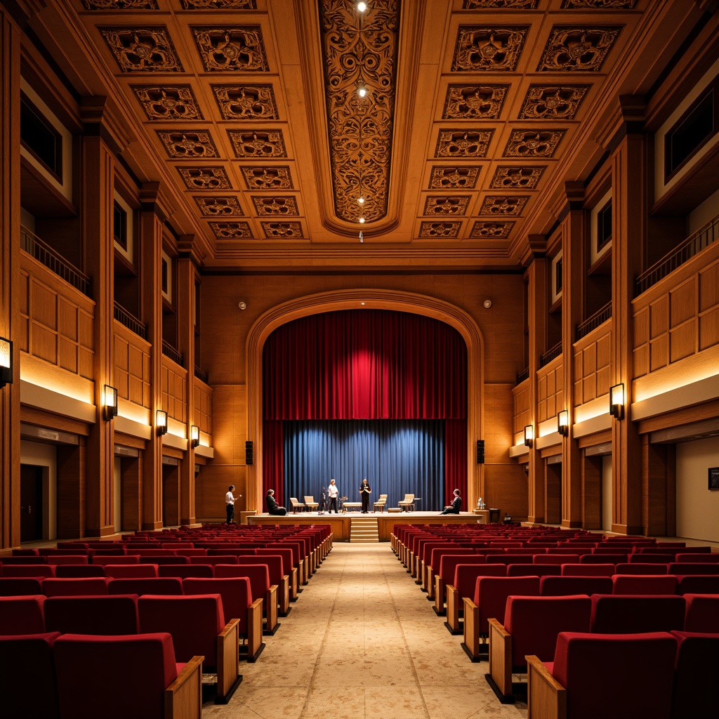 Prompt: Elegant concert hall, ornate wooden details, rich velvet curtains, polished marble floors, traditional proscenium arch, plush red seats, intricate plaster ceiling, warm golden lighting, subtle ambient glow, 1/2 composition, shallow depth of field, soft focus background, warm natural wood tones, acoustic panels, sound-absorbing materials, diffusers, bass traps, precise sound reflection control, optimal reverberation time, immersive audio experience.